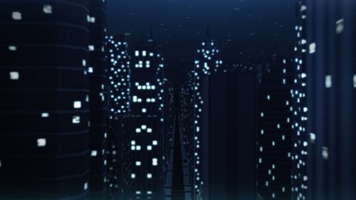 Un vuelo sobre una ciudad financiera generada por computadora