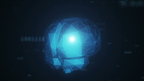 Digitale künstliche Intelligenz des Gehirns aus Polygonen in einer Wolke aus binären Daten