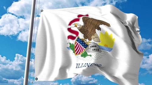 Waving Illinois State Flag Against Blue Sky
