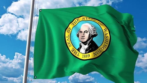 Washington State Flag Waving in Realistic Blue Sky Background