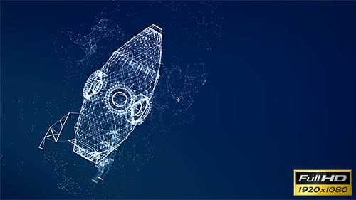 Futuristic Wireframe Rocket Launching with Plexus Network Background
