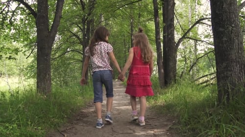 Two Little Girls Hold Hands and Walk Down the Green Alley. Children Walk Outdoors