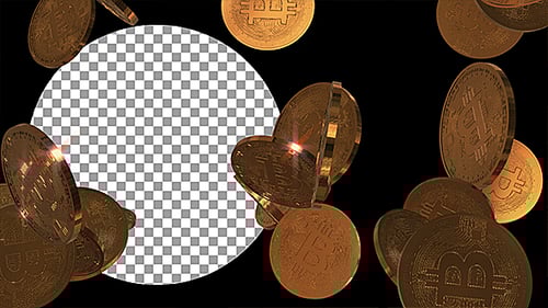 Golden Bitcoin Coins Falling Transparent Reveal