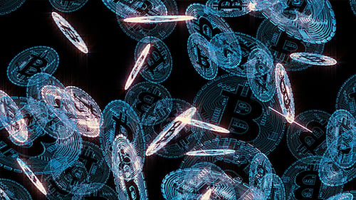 Futuristic Digital Bitcoin Coins Falling Seamless Loop
