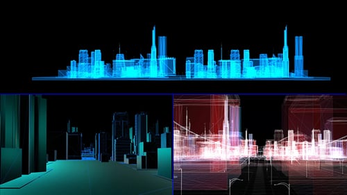Futuristic Wireframe Digital City Flythrough Animation