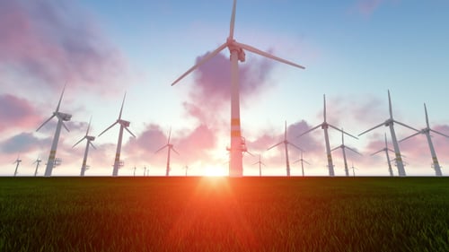 Wind Turbines Spinning at Sunrise in a Green Field