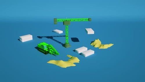 3D Animation Tower Crane and Excavator Work on the Construction Site