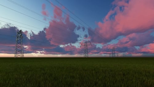 Time Lapse of Power Lines in Green Field at Sunset