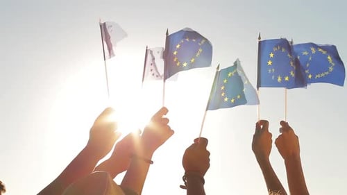Hands Holding European Union Flags Towards Sky