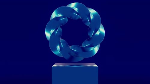 Abstrakter blauer verdrehter Ring, der über dem Sockel schwebt
