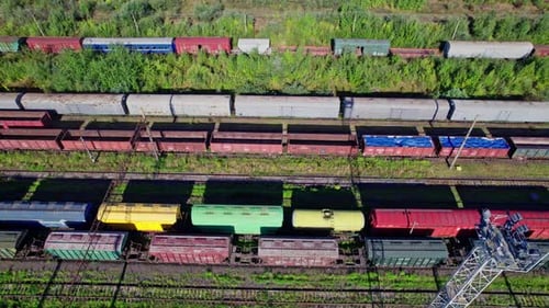 Aerial View of Train Cars in Railroad Yard