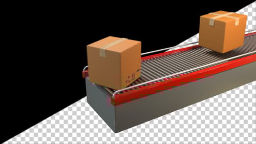 Boxes Moving on Industrial Conveyor Belt with Alpha Channel