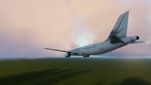 3D Passenger Jet Flying Over Green Landscape Animation