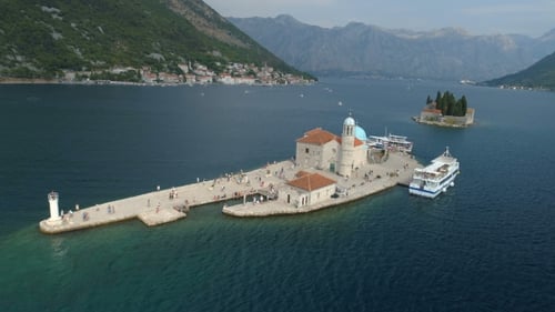 Gospa-od-Skrpjela Island and Boats on Sunny Day