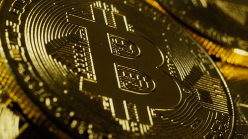 Golden Bitcoin Cryptocurrency Coins Shimmering Close Up