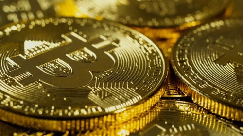Golden Bitcoin Cryptocurrency Coins Close Up