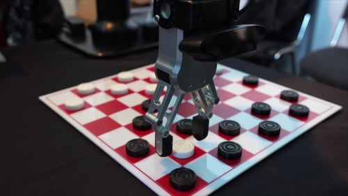 Robot Arm Playing Checkers Game in Futuristic Workplace