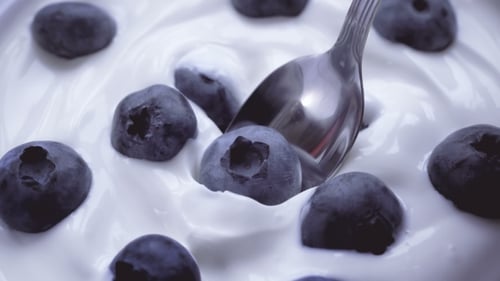 Spoon Scoops Blueberry From Yogurt Dish