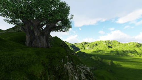 Serene 3D Nature Landscape with Ancient Tree on Hill