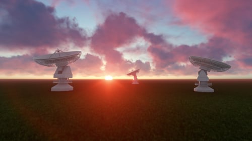 Global Communication Satellite Dishes Rotating at Sunset