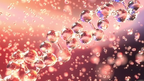 Drehendes diagonales DNA-Molekül und transparente Tröpfchen