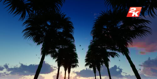 Tropical Palm Trees Silhouette Against Vibrant Sunset Sky