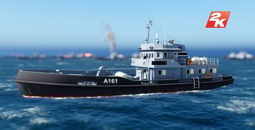Realistic 3D Animated Tugboat Cruising on Open Ocean Water