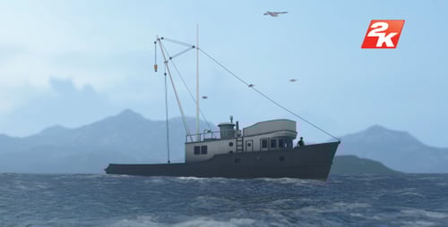 Animated Fishing Boat Sailing on Ocean with Mountains