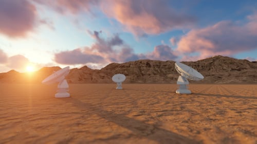 3D Animation: Rotating Satellite Dishes in Desert at Sunrise