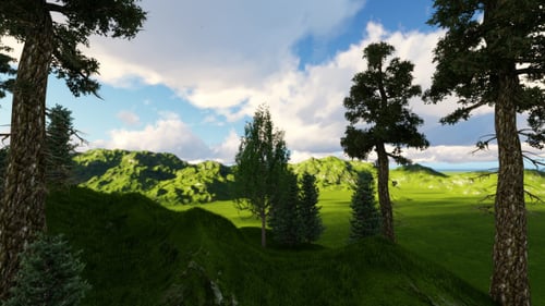 Panoramic 3D Nature Landscape with Rolling Hills and Pine Trees
