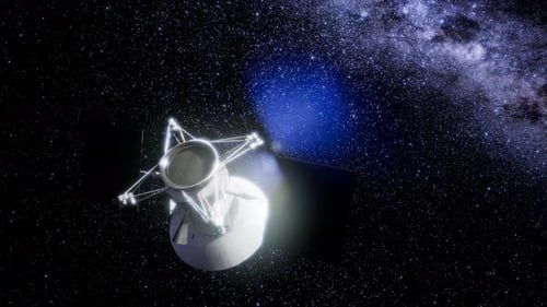 Futuristic Satellite Orbiting in Deep Space with Milky Way Background