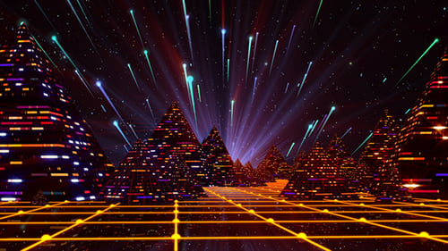 Futuristic Neon Pyramids with Glowing Grid and Star Trails Background