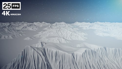 Aerial Night Flyover Over Snowy Mountain Range with Stars