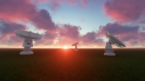 Rotating Satellite Dishes at Sunset with Moving Clouds