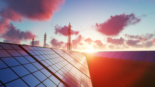 Sustainable Energy: Solar Panels and Power Lines at Sunset Animation