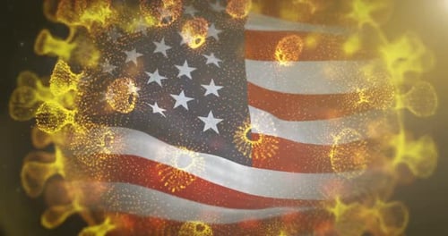 Waving American Flag with Abstract Virus Particle Outbreak