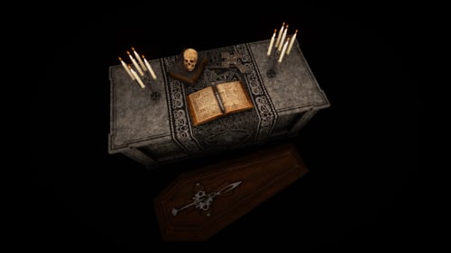 Animated Gothic Occult Altar with Glowing Book and Skull