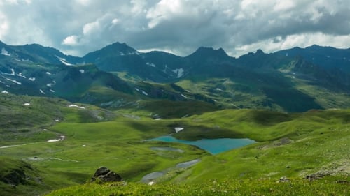 Lake in Mountains and Cloudy Sky.