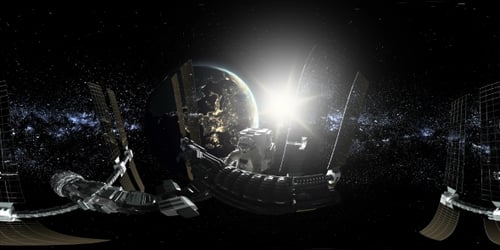 Un astronaute et une station spatiale internationale en orbitant autour de la Terre en réalité virtuelle