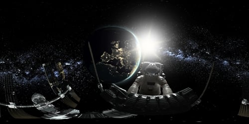 Un astronaute et une station spatiale internationale en orbitant autour de la Terre en réalité virtuelle