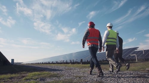 Engineers Inspect Solar Panel Field on Sunny Day