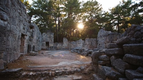 Stone Ruins of an Ancient Fortress at Sunset