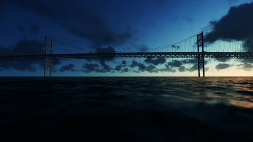 Blick auf die Brücke über das Meer und Zeitrafferwolken