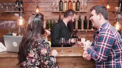 Bartender Pours Wine for Guests at Cozy Bar