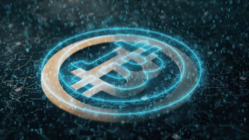 Glowing Futuristic Bitcoin Logo Animation on Digital Circuit Background