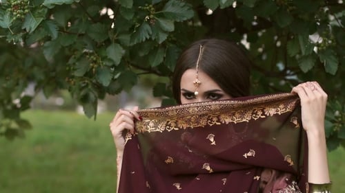 Beautiful Woman Posing in Traditional Dress Outdoors