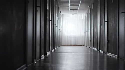 Empty Dark Hallway Lined with Doors