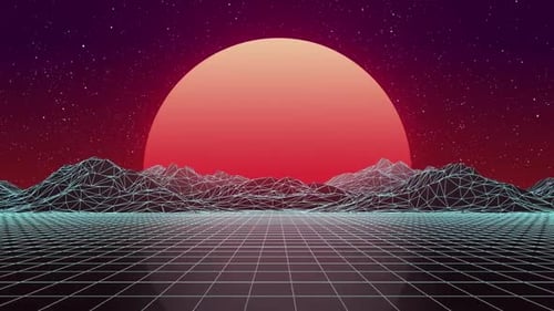 Retro Wave Wireframe Mountains and Grid Loop Background