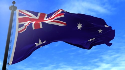 Realistic Waving Australian Flag Against Blue Sky