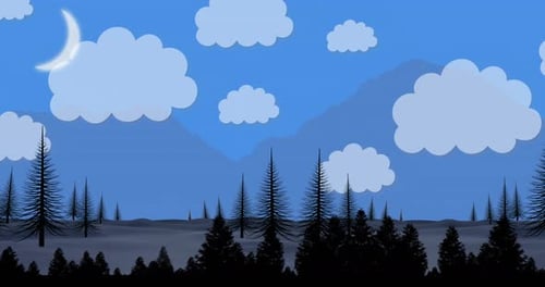 Animated Night Forest Landscape with Moving Clouds and Moon Background